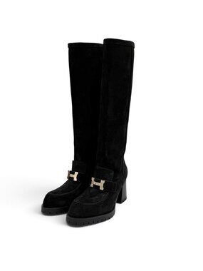 Hermes Silver H Suede Leather Long Boots Black